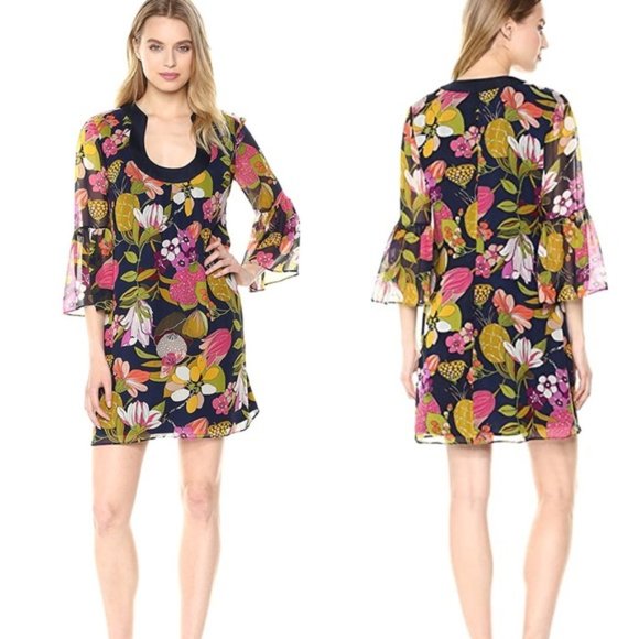 Trina Turk Bonita Floral Bell Sleeve Mini Sheath Dress Indigo Small - Picture 1 of 10